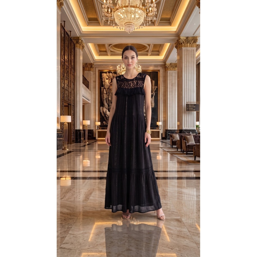 Maeve Anthropologie Abilene Black Crochet Metallic Stripe Boho Maxi Tiered S